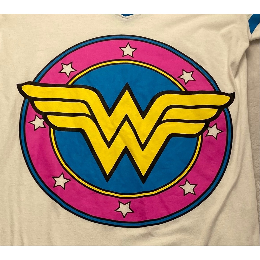 DC Comics Originals Wonder Woman Graphic V-Neck T-Shirt White Blue Stripes 2XL